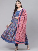 Women Blue Pink Ethnic Motifs Print Pure Cotton Kurta With Trousers Dupatta